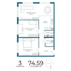 3-к квартира, строящийся дом, 75м2, 2/17 этаж