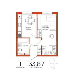 1-к квартира, строящийся дом, 34м2, 2/18 этаж