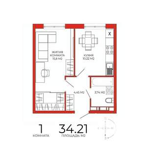 1-к квартира, строящийся дом, 34м2, 18/18 этаж