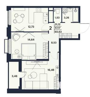 2-к квартира, вторичка, 61м2, 13/17 этаж