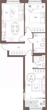 2-к квартира, вторичка, 64м2, 6/16 этаж