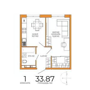 1-к квартира, строящийся дом, 34м2, 2/18 этаж