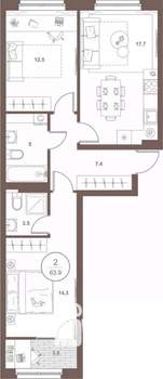 2-к квартира, вторичка, 64м2, 5/16 этаж