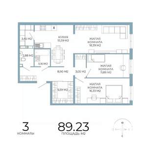 3-к квартира, строящийся дом, 89м2, 8/18 этаж