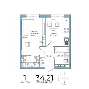 1-к квартира, строящийся дом, 34м2, 15/18 этаж