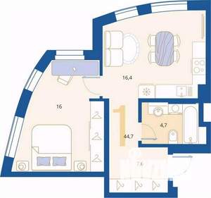 1-к квартира, вторичка, 45м2, 1/16 этаж