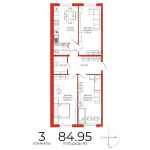 3-к квартира, строящийся дом, 85м2, 17/18 этаж