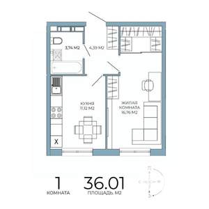 1-к квартира, строящийся дом, 36м2, 9/18 этаж