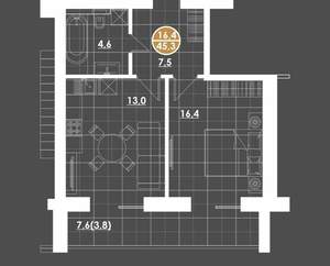 1-к квартира, сданный дом, 50м2, 16/16 этаж