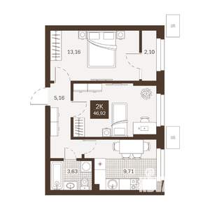 2-к квартира, вторичка, 47м2, 1/22 этаж