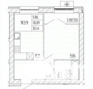 1-к квартира, строящийся дом, 34м2, 9/9 этаж