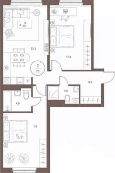 2-к квартира, вторичка, 74м2, 3/16 этаж