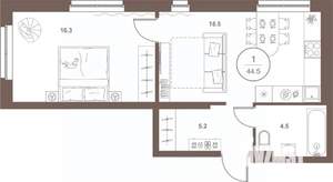 1-к квартира, вторичка, 44м2, 7/16 этаж