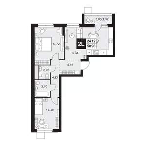 3-к квартира, вторичка, 59м2, 2/20 этаж