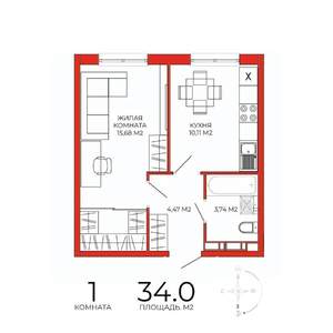 1-к квартира, строящийся дом, 34м2, 3/18 этаж