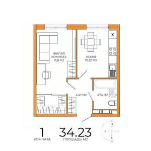 1-к квартира, строящийся дом, 34м2, 11/18 этаж