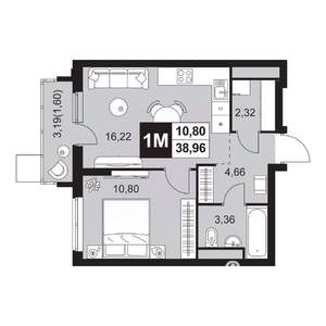 2-к квартира, вторичка, 39м2, 13/20 этаж