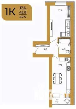 1-к квартира, вторичка, 48м2, 9/10 этаж