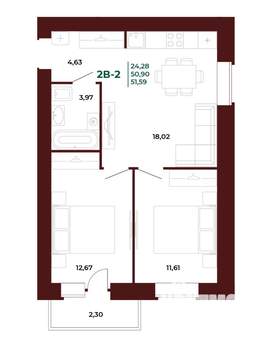 2-к квартира, вторичка, 52м2, 6/17 этаж