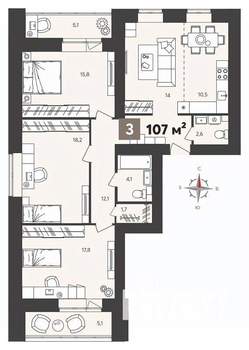 3-к квартира, вторичка, 107м2, 5/14 этаж