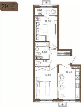 2-к квартира, вторичка, 57м2, 4/17 этаж