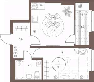 1-к квартира, вторичка, 39м2, 6/16 этаж