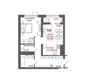 1-к квартира, вторичка, 53м2, 9/22 этаж
