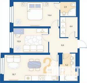 2-к квартира, вторичка, 63м2, 2/16 этаж