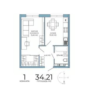 1-к квартира, строящийся дом, 34м2, 16/18 этаж