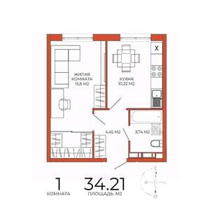 1-к квартира, строящийся дом, 34м2, 16/18 этаж