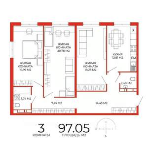3-к квартира, строящийся дом, 97м2, 14/18 этаж