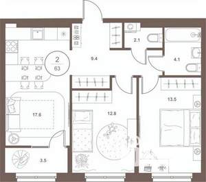 2-к квартира, вторичка, 63м2, 7/16 этаж