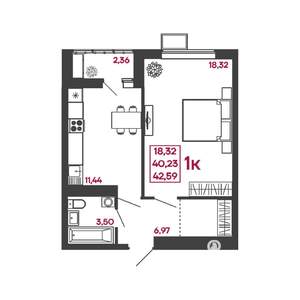 1-к квартира, вторичка, 43м2, 9/17 этаж