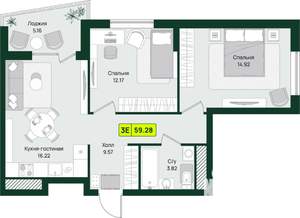 2-к квартира, строящийся дом, 59м2, 4/16 этаж