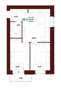 2-к квартира, вторичка, 52м2, 7/17 этаж