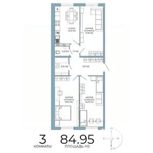 3-к квартира, строящийся дом, 85м2, 13/18 этаж