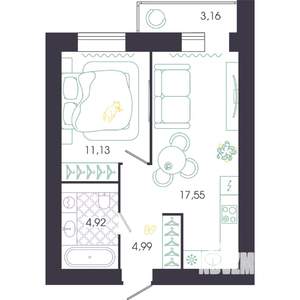 1-к квартира, строящийся дом, 41м2, 14/14 этаж