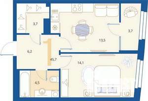 1-к квартира, вторичка, 46м2, 3/16 этаж