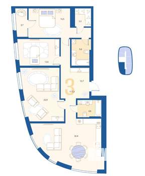 3-к квартира, вторичка, 117м2, 16/16 этаж