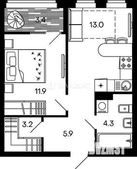 1-к квартира, вторичка, 42м2, 9/9 этаж