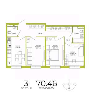 3-к квартира, строящийся дом, 70м2, 8/18 этаж