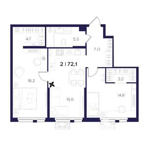 2-к квартира, вторичка, 72м2, 5/16 этаж