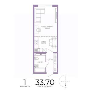 1-к квартира, строящийся дом, 34м2, 3/17 этаж