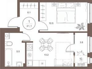 1-к квартира, вторичка, 41м2, 12/16 этаж