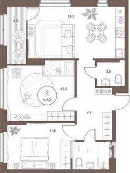 2-к квартира, вторичка, 66м2, 9/16 этаж
