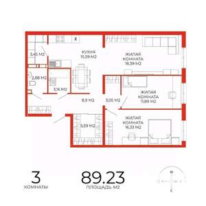 3-к квартира, вторичка, 89м2, 9/18 этаж