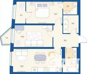 2-к квартира, вторичка, 69м2, 8/16 этаж