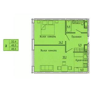 2-к квартира, строящийся дом, 49м2, 13/18 этаж