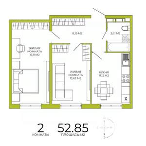 2-к квартира, строящийся дом, 53м2, 6/18 этаж