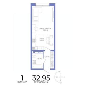 1-к квартира, строящийся дом, 33м2, 2/17 этаж